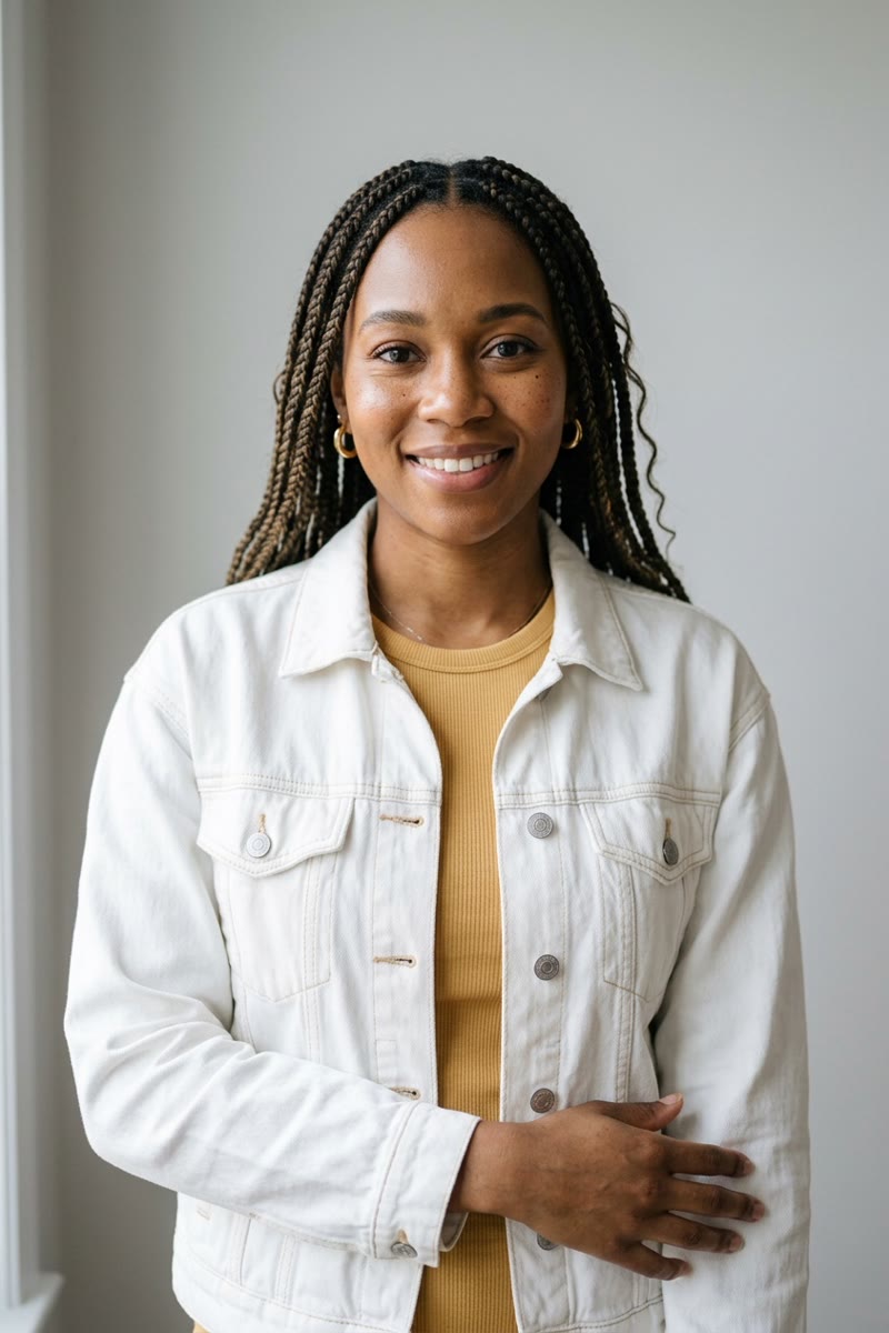 Input photo 2: fictional woman wearing a white denim jacket